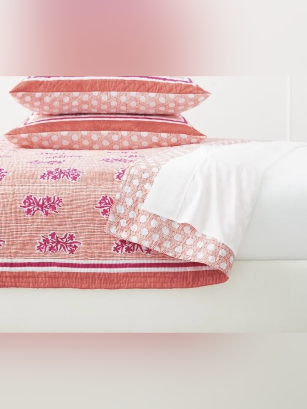SERENA & LILY Orange White Pink Print AMALFI Quilt & 2 Std Pillow Shams Queen